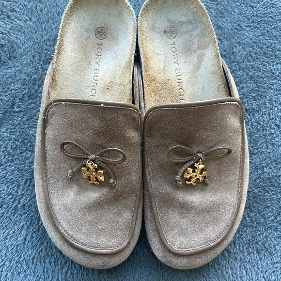 Tory Burch Shoes - Tory Burch  Brown Suede Bow Emblem Mules Size 9 EUC